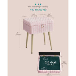 Storage Vanity Stool, Upholstered Dressing Table Chair With Metal Legs And Adjustable Feet, Jelly Pink - thumbnail 2