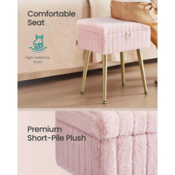 Storage Vanity Stool, Upholstered Dressing Table Chair With Metal Legs And Adjustable Feet, Jelly Pink - thumbnail 3