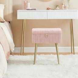 Storage Vanity Stool, Upholstered Dressing Table Chair With Metal Legs And Adjustable Feet, Jelly Pink