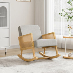 Thehotsale Linen Wooden Rattan Rocking Chair With Wood Frame Upholstered Recliner Armchair Rocker Lounge Chair Grey