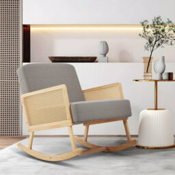 Thehotsale Linen Wooden Rattan Rocking Chair With Wood Frame Upholstered Recliner Armchair Rocker Lounge Chair Grey - thumbnail 2