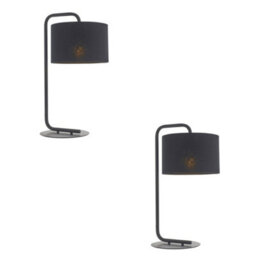 2 Pack Satin Black Table Lamp - 23Cm Fabric Cylinder Shade - Bedroom Desk Light - thumbnail 1
