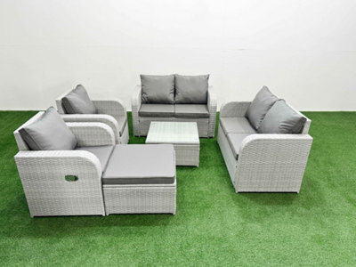 Fimous 7 Seater Outdoor Reclining Chair Love Sofa Set Rattan Garden Furniture Set Square Coffee Table Footstool Light Grey - image 1