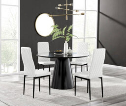 Furniturebox Uk Palma Black Semi Gloss Round Pedestal Dining Table & 4 White Faux Leather Milan Black Leg Chairs