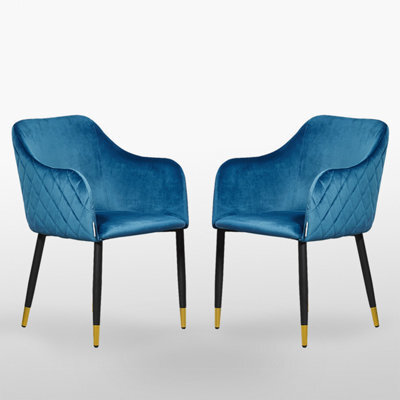 Life Interiors Set Of 2 Blue Verona Velvet Dining Chairs With Quilted Back & Black Legs - Modern Accent Chair With Gold Foot Tips - image 1