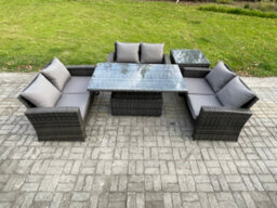 Fimous 6 Seater Rattan Wicker Garden Furniture Patio Conservatory Sofa Set With Height Adjustable Rising Lifting Table - thumbnail 1