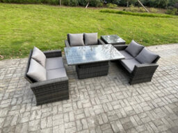 Fimous 6 Seater Rattan Wicker Garden Furniture Patio Conservatory Sofa Set With Height Adjustable Rising Lifting Table - thumbnail 2