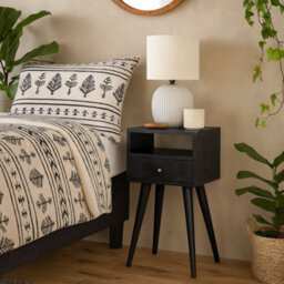 Wyld Haus Kood Mini Black Washed Mango Wood Bedside Table With Drawer And Open Shelf - thumbnail 1