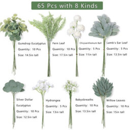 65 Pack Artificial Flowers, Decorative Artificial Flower Bouquet, Simulated Artificial Eucalyptus Branches, (Green And White) - thumbnail 2