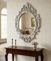 Biznest Ornate Baroque Wall Mounted Mirror Oval Shape Vintage Plastic Frame Best Gift Chic Antique Home Deco Luxury Silver 69X48Cm - thumbnail 1