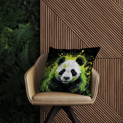 Warren Reed Designer Green Splashart Panda Face Outdoor Cushion 60Cm X 60Cm