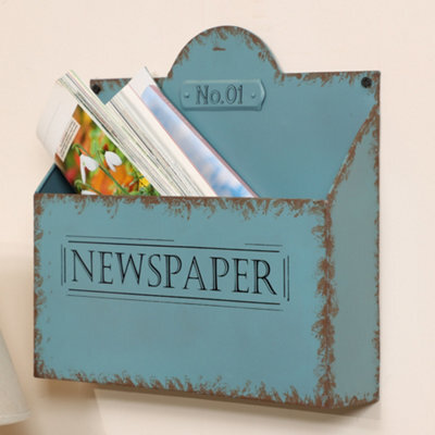 Dibor Wall Mounted Newspaper Basket Distressed Effect Blue Recycled Cast Iron Magazine Storage Basket - image 1