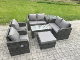 Fimous Rattan Garden Furniture Set With Rectangular Coffee Table Side Table Big Footstool 7 Seater Patio Outdoor Lounge Sofa Set - thumbnail 2