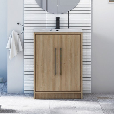 Royal Bathrooms Livora 600mm Natural Oak Floor Standing Bathroom Vanity Unit 2 Door With Carrara White Basin & Matt Black Handle - image 1