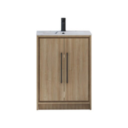 Royal Bathrooms Livora 600mm Natural Oak Floor Standing Bathroom Vanity Unit 2 Door With Carrara White Basin & Matt Black Handle - thumbnail 6