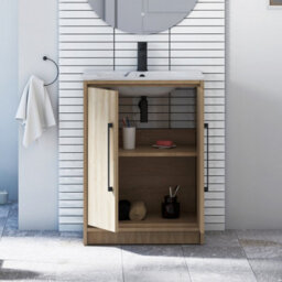 Royal Bathrooms Livora 600mm Natural Oak Floor Standing Bathroom Vanity Unit 2 Door With Carrara White Basin & Matt Black Handle - thumbnail 4
