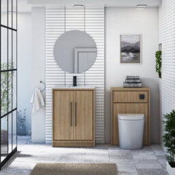 Royal Bathrooms Livora 600mm Natural Oak Floor Standing Bathroom Vanity Unit 2 Door With Carrara White Basin & Matt Black Handle - thumbnail 3