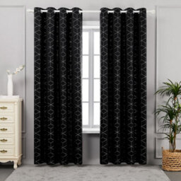Deconovo Eyelet Curtains, Blackout Foil Diamond Printed Curtains, Thermal Curtains For Bedroom, 55 X 90 Inch, Black, One Pair - thumbnail 1