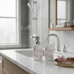 Purely Home Cherry Blossoms Bathroom Set - Refillable Ceramic Soap Dispenser & Toothbrush Holder - thumbnail 2