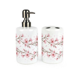 Purely Home Cherry Blossoms Bathroom Set - Refillable Ceramic Soap Dispenser & Toothbrush Holder - thumbnail 1