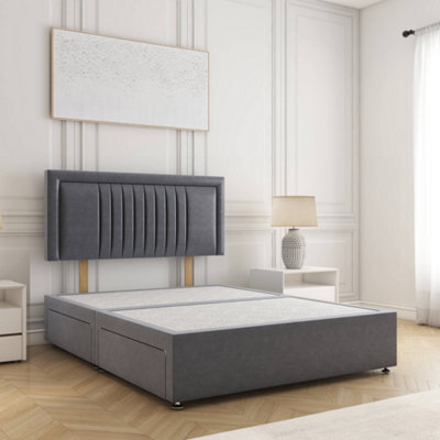 Bsspoke Canes Divan Bed In Steel Plush Velvet 24Inch Headboard 2 Drawers Same Side & No Mattress In Double King 3Ft 4Ft 6Ft - image 1