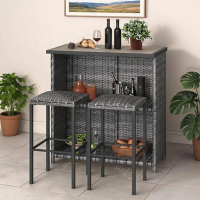 3 Piece Rattan Garden Bar Set Outdoor Bistro Furniture With 2 Bar Stools - image 1