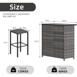 3 Piece Rattan Garden Bar Set Outdoor Bistro Furniture With 2 Bar Stools - thumbnail 2