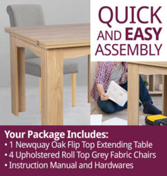 Hallowood Furniture Newquay Oak Flip Top Extending Table With 4 Upholstered Roll Top Dining Chairs In Grey Fabric - thumbnail 7
