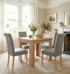 Hallowood Furniture Newquay Oak Flip Top Extending Table With 4 Upholstered Roll Top Dining Chairs In Grey Fabric