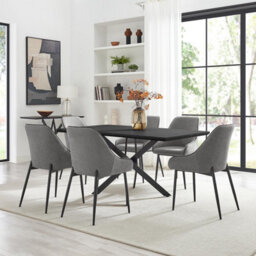 Furniturebox Uk Leonardo Black Top Dining Table & 6 Beaumont Grey Fabric Chairs - thumbnail 1