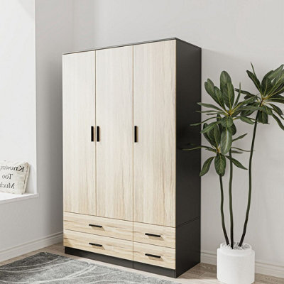 Urbn-Living Urbnliving 180Cm Height Oak 3 Door 4 Drawer Wardrobe Storage Shelf Modern Bedroom Black Furniture - image 1