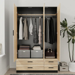 Urbn-Living Urbnliving 180Cm Height Oak 3 Door 4 Drawer Wardrobe Storage Shelf Modern Bedroom Black Furniture - thumbnail 6