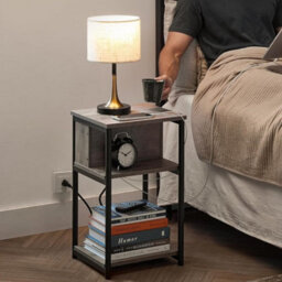 Songmics Narrow Nightstand With Power Outlets, Slim Charging Table With Usb Ports, Bedroom Furniture, Heather Greige And Ink Black - thumbnail 1