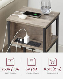 Songmics Narrow Nightstand With Power Outlets, Slim Charging Table With Usb Ports, Bedroom Furniture, Heather Greige And Ink Black - thumbnail 4