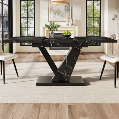 Abrihome Telescopic Dining Table With Black Marble Pattern, 120-160Cm, Extendable Marble Table With Internal Panels, Black - image 1