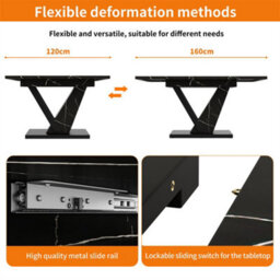 Abrihome Telescopic Dining Table With Black Marble Pattern, 120-160Cm, Extendable Marble Table With Internal Panels, Black - thumbnail 4