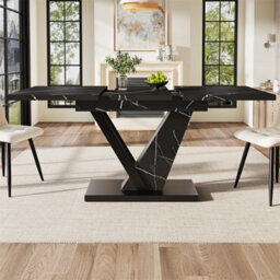 Abrihome Telescopic Dining Table With Black Marble Pattern, 120-160Cm, Extendable Marble Table With Internal Panels, Black - thumbnail 1