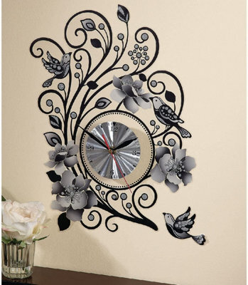Battery Operated Wall Sticker Clock - Silver Swirling Floral Design Home Decoration - Measures H40.5 X W29Cm