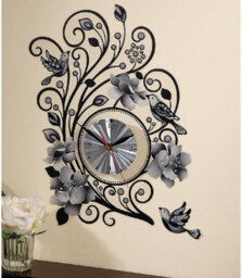 Battery Operated Wall Sticker Clock - Silver Swirling Floral Design Home Decoration - Measures H40.5 X W29Cm