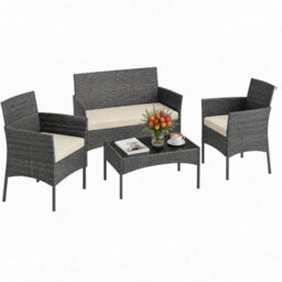 4 Seater Rattan Garden Furniture Set Sofa Table Chairs Wicker Outdoor Patio Set Mixed Grey + Beige Cushions