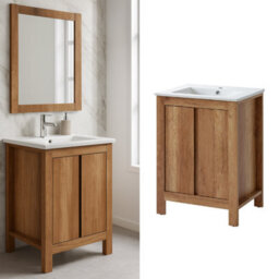 Impact Furniture Freestanding Bathroom Vanity Unit 600mm Cabinet With Sink Basin Classic Oak Effect Storage - thumbnail 2