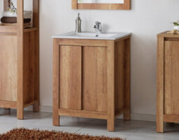 Impact Furniture Freestanding Bathroom Vanity Unit 600mm Cabinet With Sink Basin Classic Oak Effect Storage - thumbnail 3