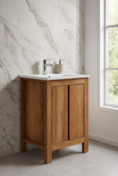 Impact Furniture Freestanding Bathroom Vanity Unit 600mm Cabinet With Sink Basin Classic Oak Effect Storage - thumbnail 4