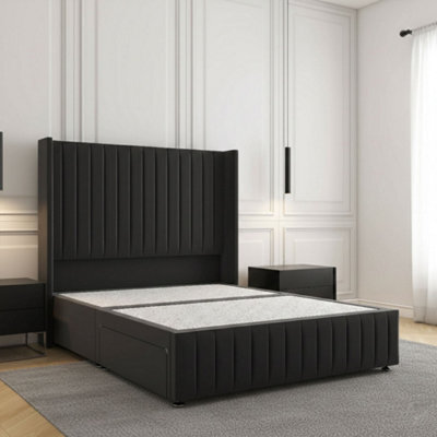 REGIONAL FURNISHINGS Divan Bed Set Black Plush Velvet Upholstered 54Inch Headboard & Footboard 2Drawers Footend & No Mattress In 4Ft 4Ft6 5Ft 6Ft - image 1