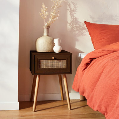 Sweeek - Woven Rattan Bedside Table With Drawer Boheme Dark Wood Colour 39X39X55.4 Cm - image 1