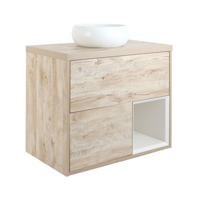 Homestylestore Light Oak 800mm Wall Hung Bathroom Vanity Unit Round Chalk Countertop Basin Open Shelf - image 1