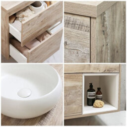 Homestylestore Light Oak 800mm Wall Hung Bathroom Vanity Unit Round Chalk Countertop Basin Open Shelf - thumbnail 2
