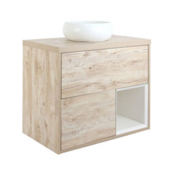 Homestylestore Light Oak 800mm Wall Hung Bathroom Vanity Unit Round Chalk Countertop Basin Open Shelf - thumbnail 1