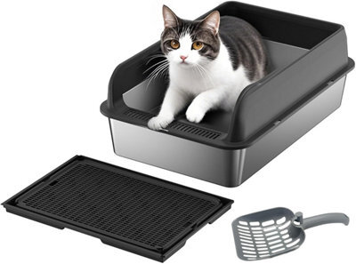 London Boutique Stainless Steel Cat Litter Box, 60X40X30Cm High Sided Litter Tray, Enclosed Metal Design, Scoop And Mat, Black - image 1