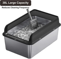 London Boutique Stainless Steel Cat Litter Box, 60X40X30Cm High Sided Litter Tray, Enclosed Metal Design, Scoop And Mat, Black - thumbnail 7